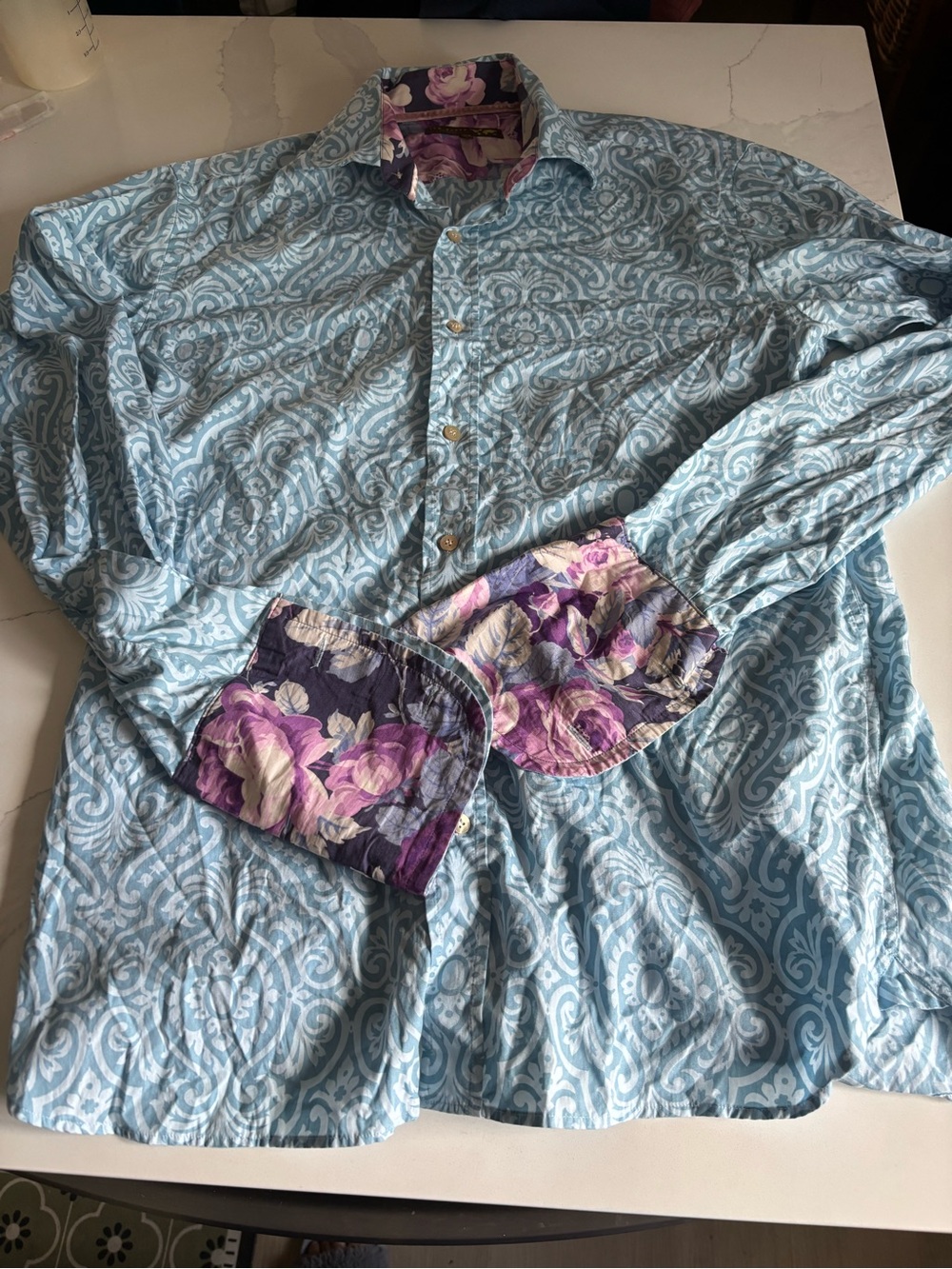 Ted Baker London Light Blue Paisley Shirt with Purple Floral Cuffs
